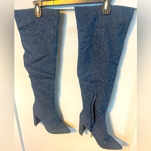 Thigh-High Navy Blue Leopard Print Denim Boots